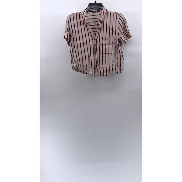 BERSHKA_BSKGIRL Women's Pink-Blue Striped Button-Up Short Sleeve Top SZ M - Picture 1 of 10